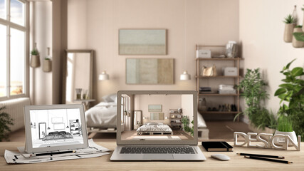 Architect designer desktop concept, laptop and tablet on wooden desk with screen showing interior design project and CAD sketch, blurred draft in the background, wooden pallet bedroom