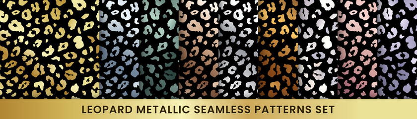 Trendy golden leopard abstract seamless pattern set. Vector Wild animal cheetah skin gold, silver, chrome, pink metallic textures on black for fashion print design, cover, wrap, wallpaper, background © Ketmut