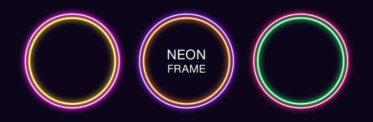 Neon circle Frame. Set of round neon Border with double outline. Geometric shape