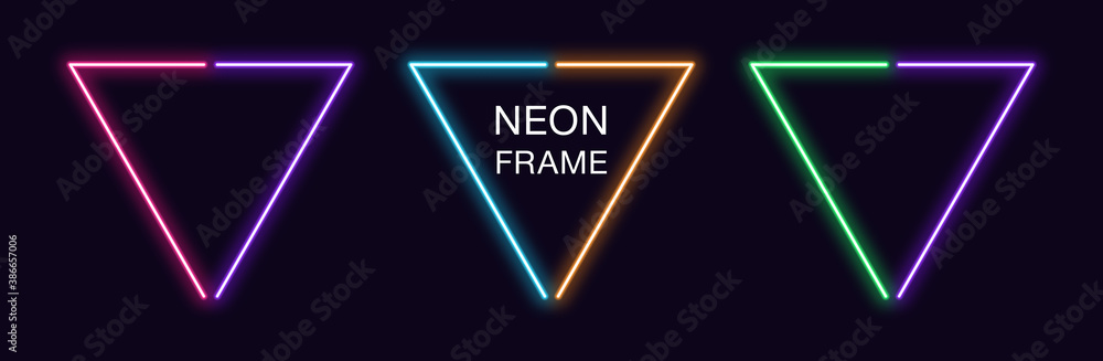 Poster neon triangle frame. set of triangular neon border in 2 outline parts. geometric shape