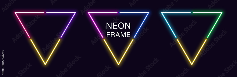Poster neon triangle frame. set of triangular neon border in 3 angular parts. geometric shape