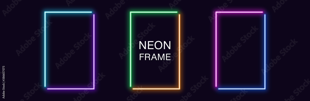 Poster neon rectangle frame. set of rectangular neon border in 2 angular parts. vector geometric shape