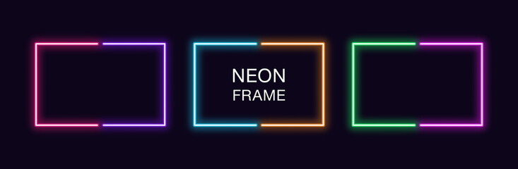 Neon rectangle Frame. Set of rectangular neon Border in 2 outline parts. Vector geometric shape