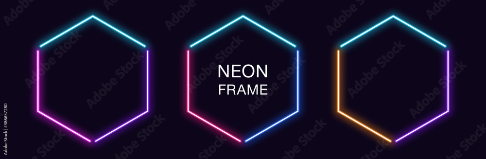 Poster neon hexagon frame. set of hexagonal neon border in 3 angular parts. geometric shape