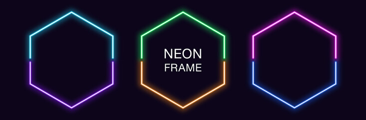 Neon hexagon Frame. Set of hexagonal neon Border in 2 outline parts. Geometric shape