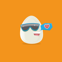 Fototapeta premium vector funny cartoon egg character with sunglasses isolated on orange background. funky smiling cool white egg sticker