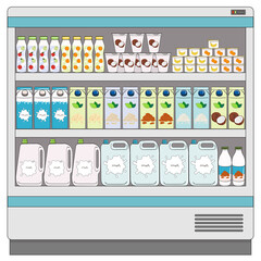 Fototapeta premium Dairy and vegan milk alternatives on fridge shelves in supermarket