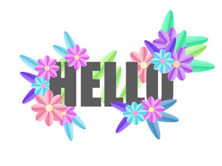 November 21 is the world greeting day. Image of the word Hello surrounded by geometric multicolored flowers. Perfect for print banners. EPS10