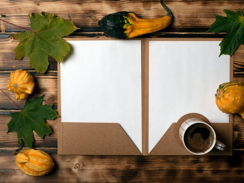 Two white pages for copy space, in a cardboard folder on a burnt wood background with autumn leaves and decorative pumpkins. With a cup of coffee.