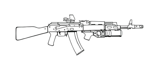 Russian assault rifle AK-47 with reflex sight and grenade launcher. Vector Outline Illustration