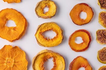 slices of dried persimmon, peach, plum and figs on a white background. dried fruits. eco.