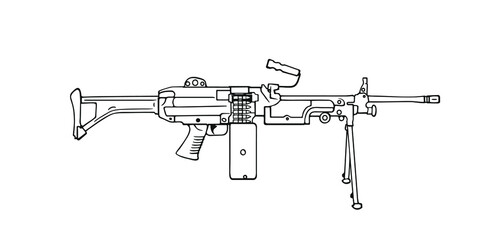 Hand-drawn Machine Gun M249 SAW. Vector Outline Illustration