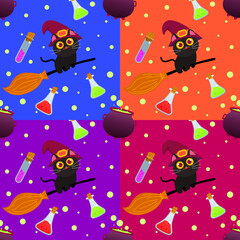 Seamless Pattern Happy Halloween with Cute Black cat use vampire costume, bat, cobweb, moon, castle and star on blue, orange and purple background