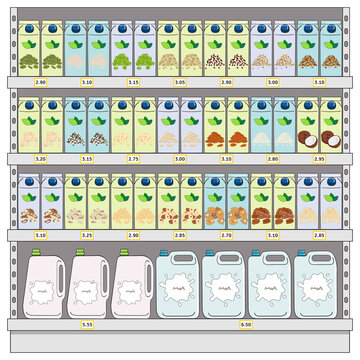 Set Of Milk Products (dairy And Vegan Milk Alternatives) On Shelves In Supermarket