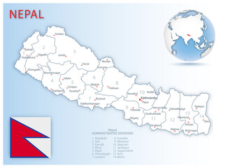 Detailed Nepal administrative map with country flag and location on a blue globe.