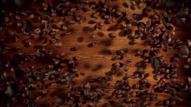 Super slow motion shot of coffee beans falling onto an oak wooden surface.