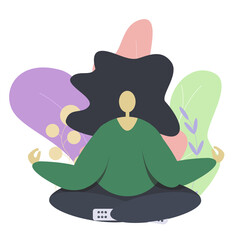 Stay at home. Girl in the Lotus position. Meditation. Yoga. A girl in a green oversize sweatshirt and blue trousers on a fashionable background with abstract leaves. Vector illustration