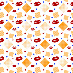 Seamless pattern in the style of Memphis, lips, red triangles, blue circles and yellow stripes