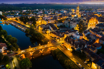 Night aerial view of Perigueux cityscape and cathedral of St Front in Dordogne department,...