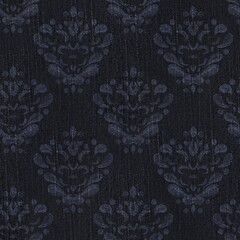 Seamless patterned denim jean for repeat print. High quality illustration. Grungy trendy street wear design. Real detailed denim texture with damask pattern overlay. Navy blue deep dark colors.