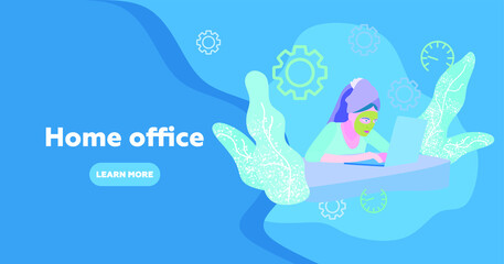 Woman in cosmetic mask works from home office. Character Sitting at Desk in Room, Looking at Computer Screen and Talking with Colleagues Online. Home Office Concept. Flat Vector Illustration.