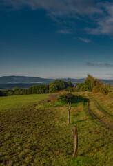 Sunrise time near Ceske Budejovice city in autumn color morning