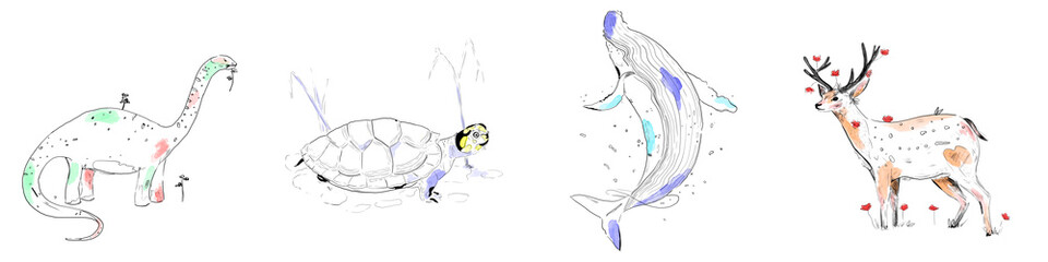 watercolor large animal illustration with dino, turtle, whale and deer.  © Liz