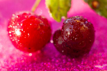 Two cherries joined lie on a pink background