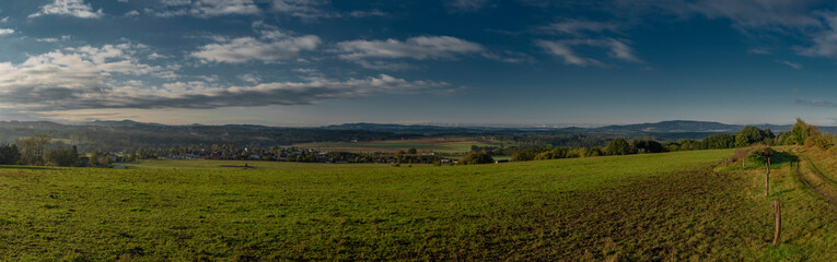 Obraz premium Panorama view in sunrise time near Ceske Budejovice city in autumn color morning