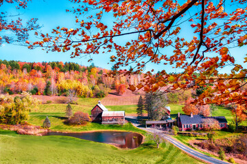 Idyllic New England rural farm and landscape with colorful autumn foliage.  - obrazy, fototapety, plakaty