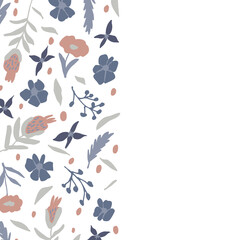 Cute floral banner with copy space for text. Hand drawn flowers and leaves doodles isolated on white background. Nature border template. Trendy vector illustration. Lovely botanical design for card