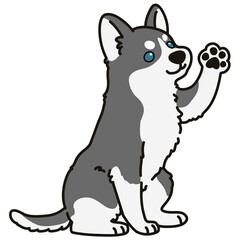 Adorable outlined grey Husky dog sitting and waving hand illustration