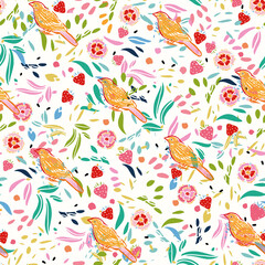 Retro folk art floral bird pattern with strawberry. Vector vintage, embroidery style, hand drawn, floral design with yellow bird. Colourful stylized florals on cream colored background. Cute, fun