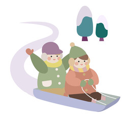 ソリに乗って遊ぶ子供たち