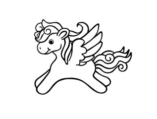 Cartoon kawaii cute black silhouette outline vector drawing illustration of horse pony unicorn Pegasus with wings.Coloring book pages for kids.Vinyl wall sticker design.Embroidery.