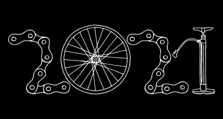 2021 Bicycle Happy New Year vector card illustration on black background
