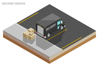 Isometric delivery van. Cargo truck transportation box on route, Fast delivery logistic 3d carrier transport, 3d flat isometry city freight car, infographic loading goods. Low poly style vehicle truck