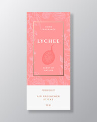 Lychee Home Fragrance Abstract Vector Label Template. Hand Drawn Sketch Flowers, Leaves Background and Retro Typography. Premium Room Perfume Packaging Design Layout. Realistic Mockup.