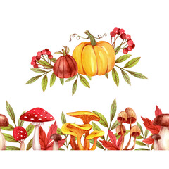Illustration with pumpkins and seamless border with mushrooms and leaves. Drawn by hand with watercolors and colored pencils. For greeting cards, posters, stickers and seasonal design.