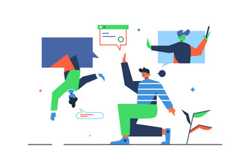 Group of people in a team working on projects and giving heels to each other, virtual doughs isolated on white background, flat vector illustration