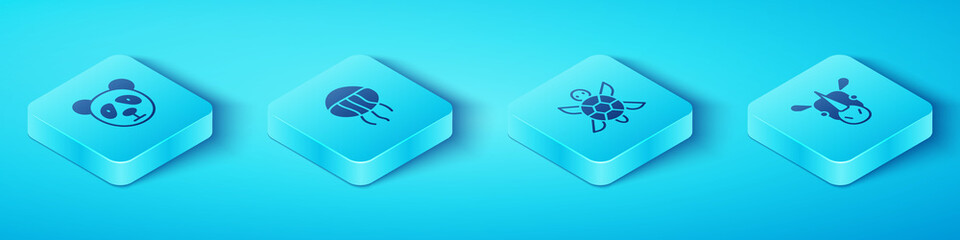 Set Isometric Cute panda face, Jellyfish, Rhinoceros and Turtle icon. Vector. © Vadim