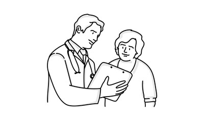 Male doctor shows a medical examination, offers the patient a health care consent insurance contract.