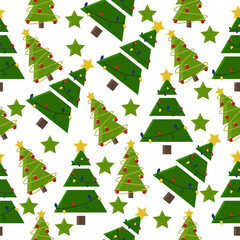 Vector seamless pattern with abstract Christmas trees and stars on a white background. The new year's style pattern can be used for: wrapping paper, pajamas, postcards,