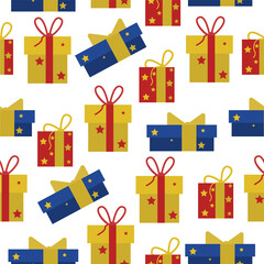 Seamless pattern with different bright new year gifts on a white background isolated. Colorful birthday gifts. It can be used for packaging paper, postcards, banners, invitations, and textiles,