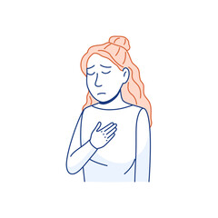 Chest pain thin line icon. Sick woman has difficulty breathing. Heart attack flu virus early symptom Young person with cardiovascular disease Outline flat style healthcare medical vector illustration.