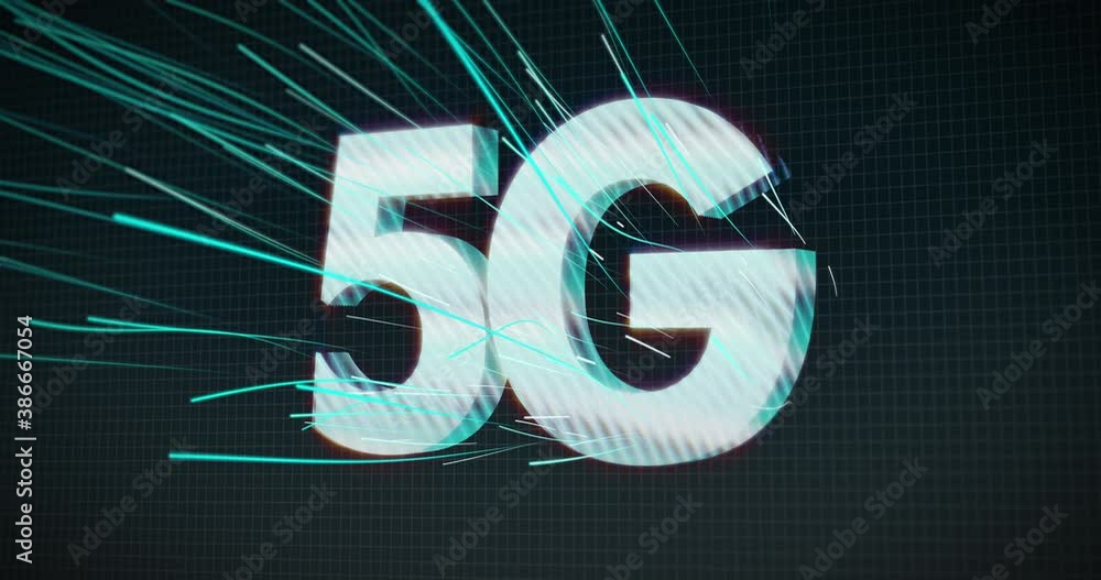 Poster 5g text field consists of millions of individual pixels on a digital grid. luminous network rays fly