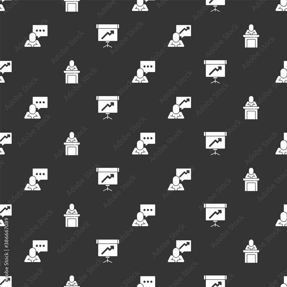 Poster set team leader, speaker, speech bubble chat and chalkboard with diagram on seamless pattern. vector
