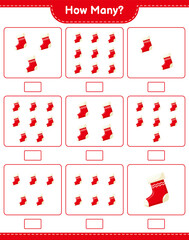 Counting game, how many Christmas Socks. Educational children game, printable worksheet, vector illustration