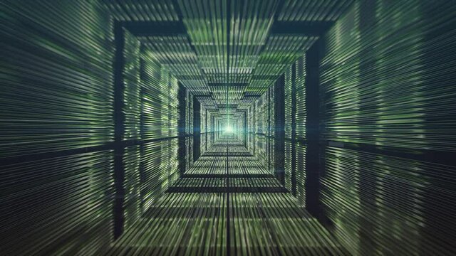 Loop flight through digital matrix tunnel with binary data on the walls. Abstract green tunnel made with zeros and ones. Hi-tech, IT, binary data transfer, digital background.