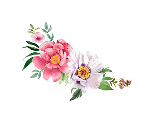 delicate pink wreath of flowers and leaves on a white background, hand painted watercolor for invitations and weddings